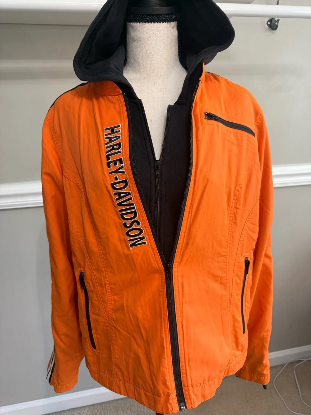 Harley-Davidson Orange and Black Hooded Windbreaker Jacket